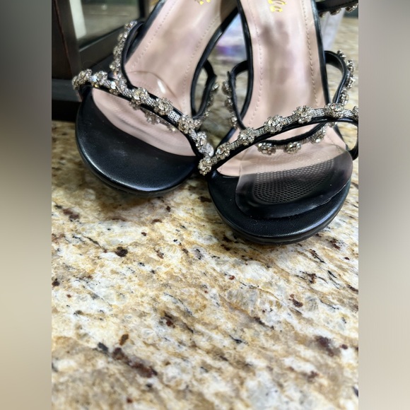 Pazzle Rhinestone Crystal Black/Silver Ankle Wrap High Heel Sandals - Picture 9 of 15
